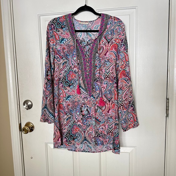 La Blanca Paisley Print Lace Up Long Sleeve Swim Coverup Tunic Size Medium - Picture 2 of 5